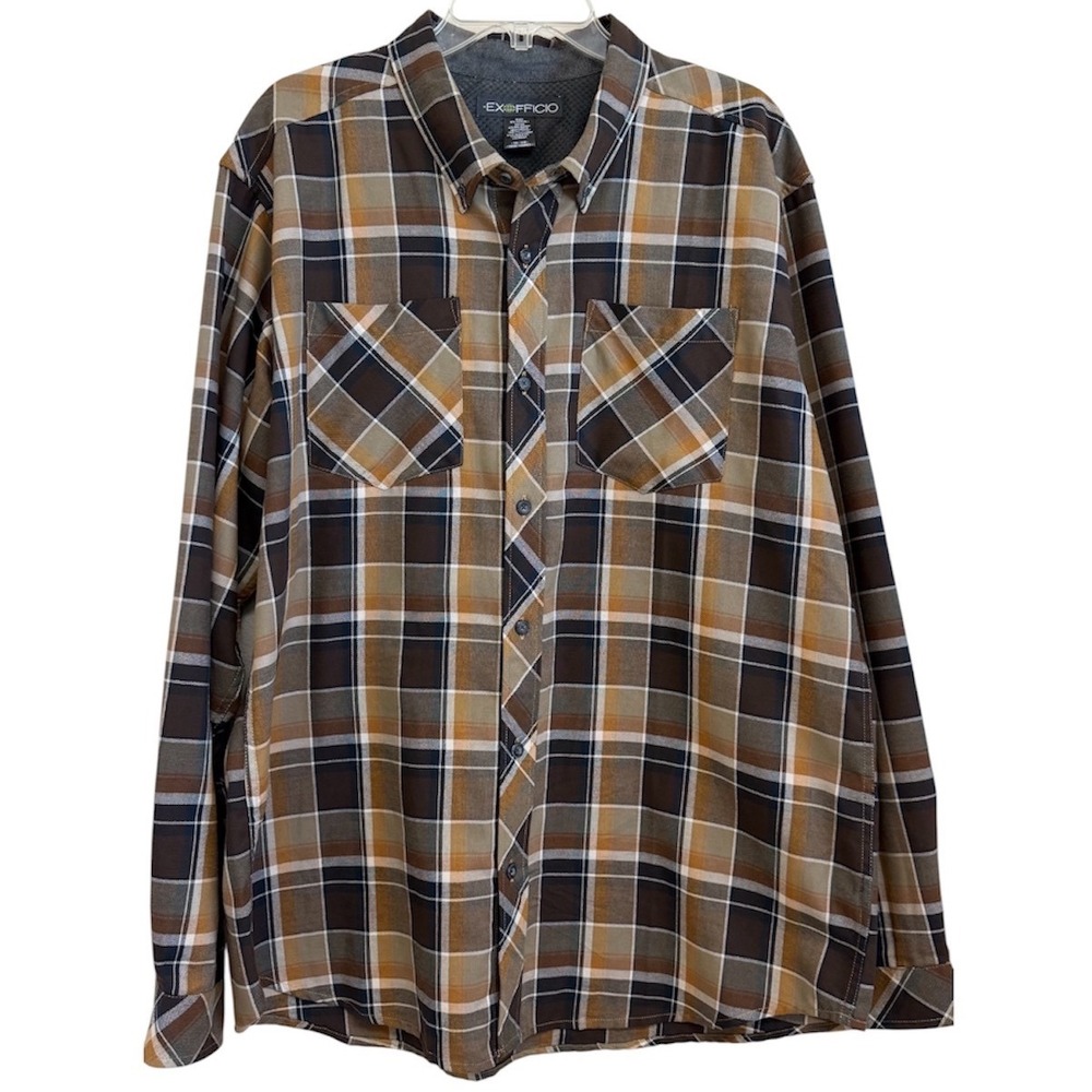 ExOfficio Mens XXL Plaid Long Sleeve Button Down Shirt Brown Tan Mesh Back Yoke